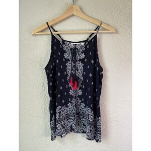 LUQ Navy Blue‎ Paisley Print Tassel Tie Sleeveless Tank Top Blouse - Medium